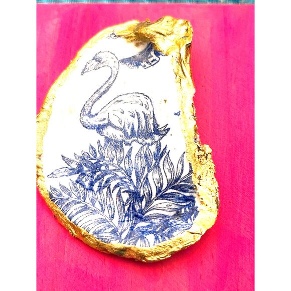 Original HandPainted Oyster Art 5x5 Wooden Block Pink Flamingo Gold Art Beach - Picture 5 of 6